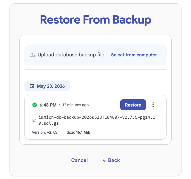 Immich restore screen showing a database backup file for version v2.7.5 selected for restoration.
