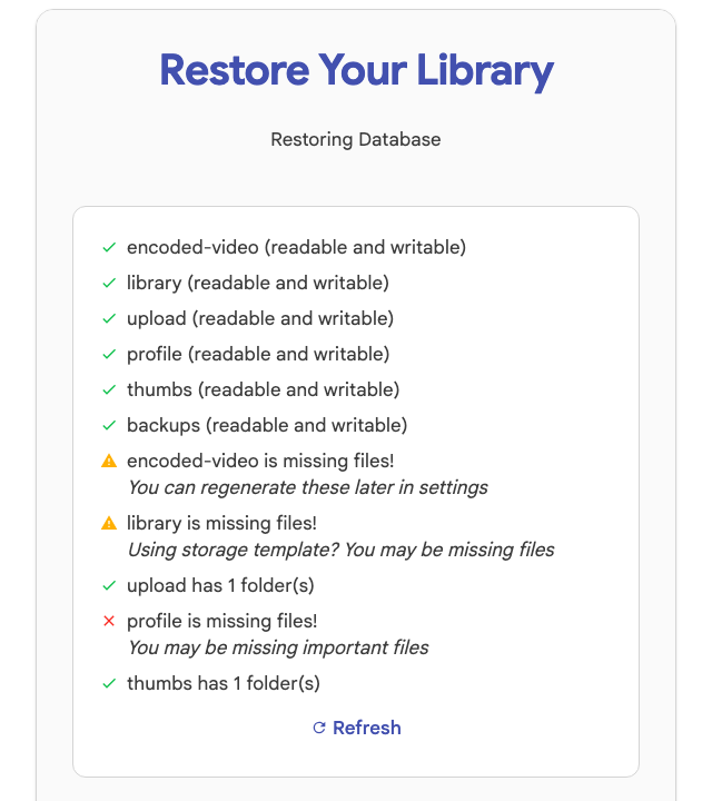 Immich restore folder check screen showing readable folders and warnings for folders with missing files.