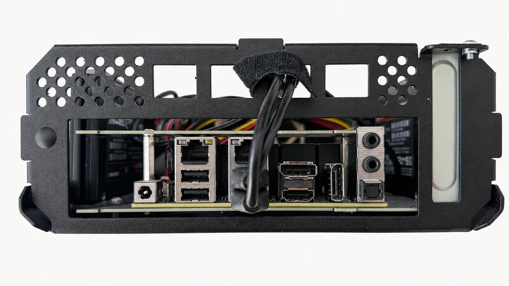 Rear view of the ODROID H4 Ultra NAS build showing power, Ethernet, USB, display, and audio ports inside the compact case.